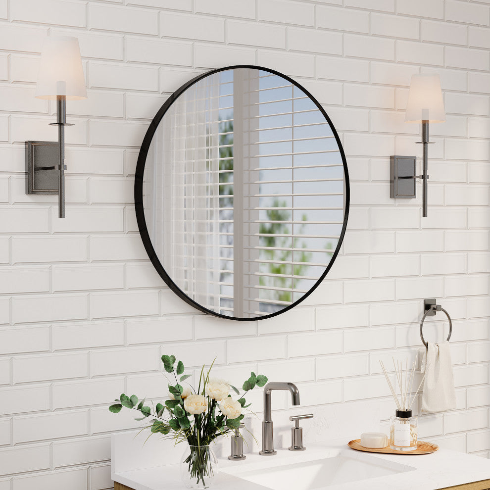 Bella Round Anodized Aluminum Wall Vanity Mirror, 28"x28", Matte Black