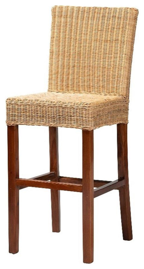 Baxton Studio Racquel Modern Bohemian Natural Rattan and Mahogany Wood Bar Stool