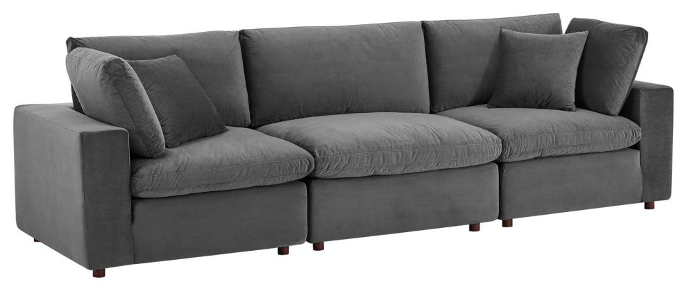 Commix Down Filled Overstuffed Performance Velvet 3-Seater Sofa Gray