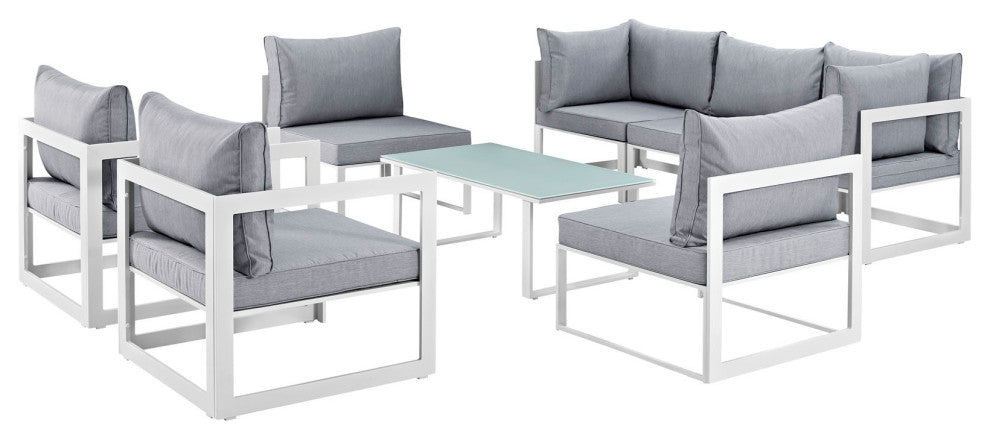 Modway Fortuna 8-Piece Aluminum Fabric Patio Sectional Sofa Set - White/Gray