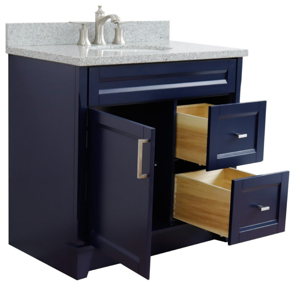 37" Single Sink Vanity, Blue Finish With Gray Granite