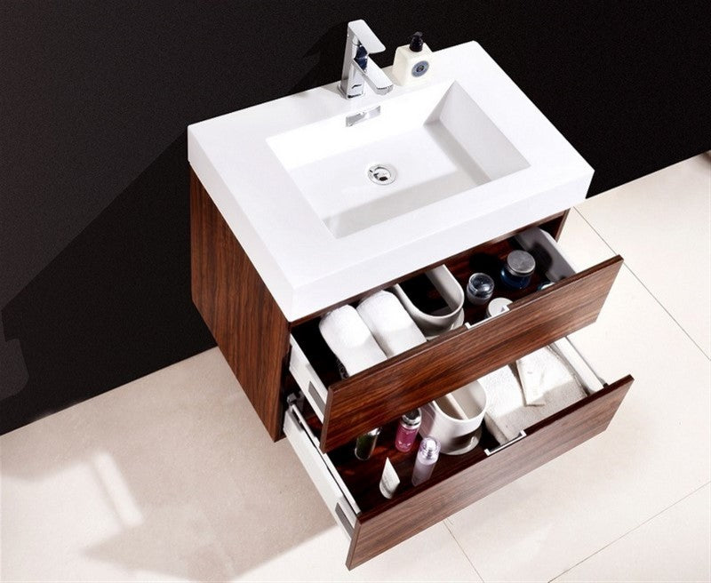 Bliss 30" Walnut Wall Mount Modern Bathroom Vanity