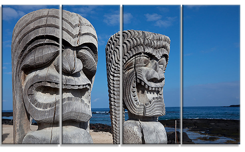 Hawaiian Tiki Gods, Oversized Landscape Canvas Art, 48"x28", 4 Panels