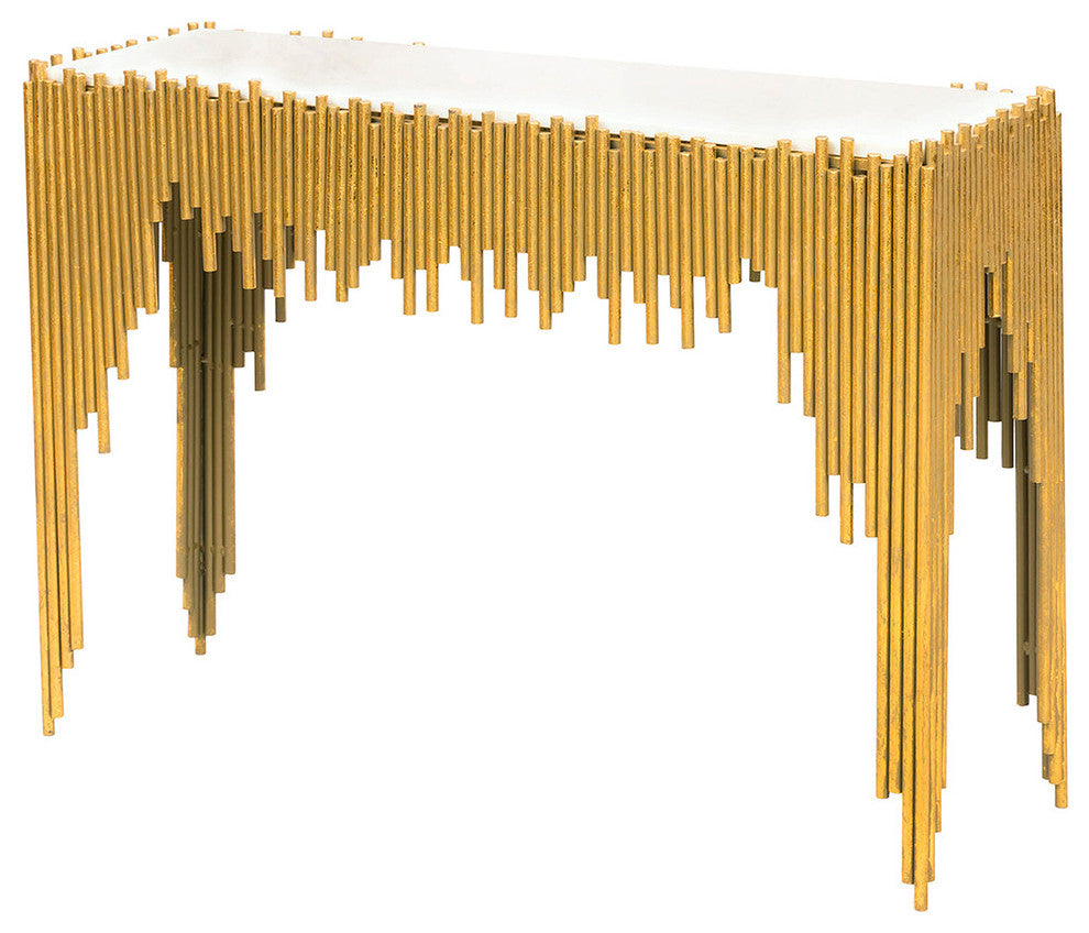 Waterfall Console Table, White Marble Entryway Table, Glam Luxe Gold