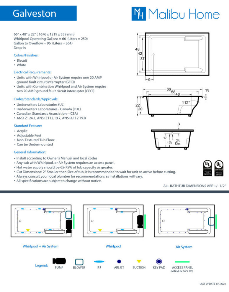 Malibu Galveston Rectangle Whirlpool Bathtub 66x48x22 Biscuit