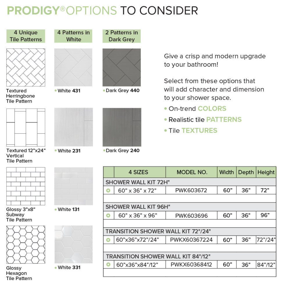 Transolid PWK603672-240 Prodigy 60"x36"x72" Shower Wall Kit, Grey Vertical