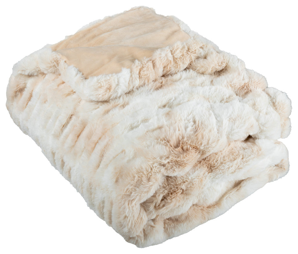 Oversized Ruched Faux Fur Blanket Jacquard Faux Fur Queen-Size Throw, Cream