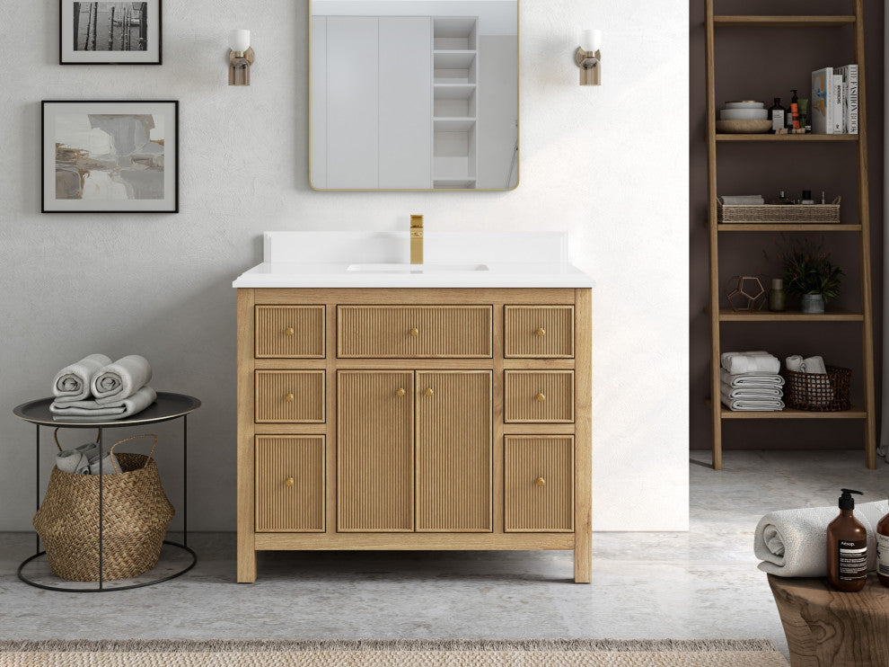 Sonoma 42 Single Sink Bath Vanity in Light Natural Teak with 1.5" Calacatta Laza