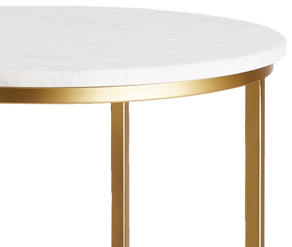 Contemporary Classic White Marble Gold Metal Accent table 17.5 in Round Brass