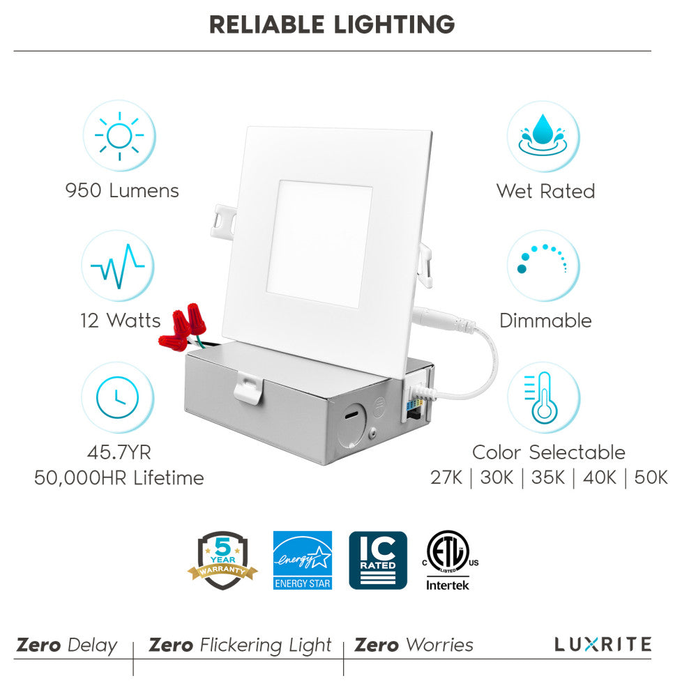 Luxrite 4" Ultra Thin LED Recessed Light 5 Color Selectable 6 Pack