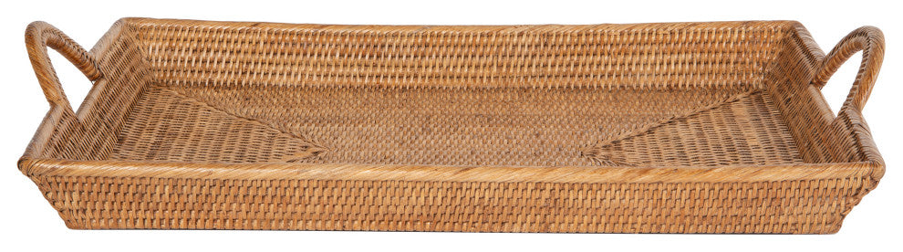 Rattan Decorative Serving Breakfast Tray, Ear Handles, Ottoman Tray, Honey-Brown