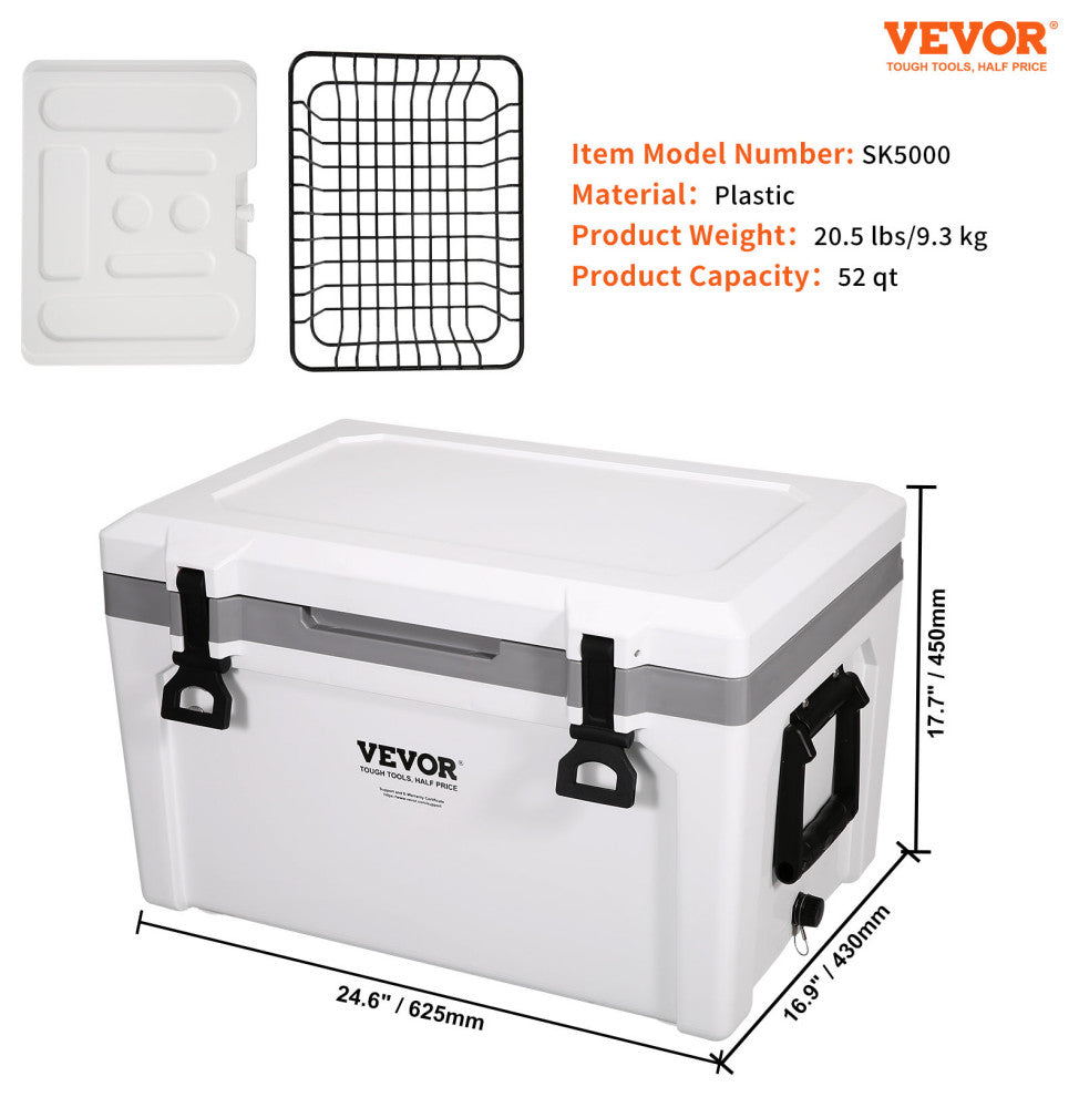 VEVOR Hard Cooler Insulated Portable Cooler Ice Chest, 52 Quart 50-Can Capacity