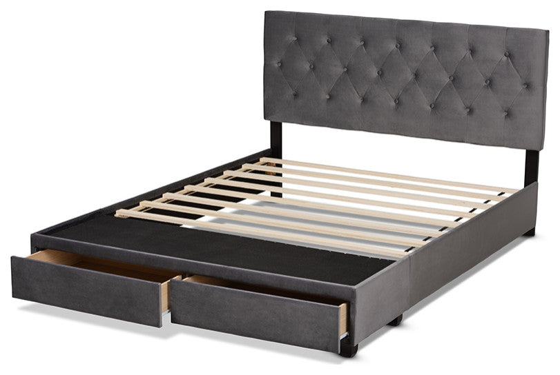 Caronia Modern Gray Velvet Fabric 2-Drawer Queen Size Platform Storage Bed