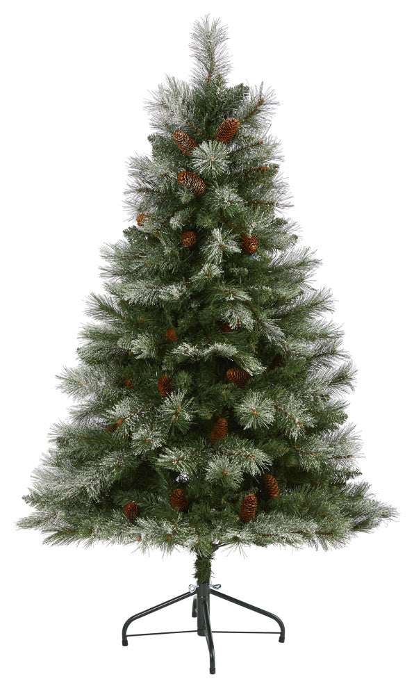 5' Snowed French Mountain Pine Faux Xmas Tree W/Bendable Branches & Pinecones