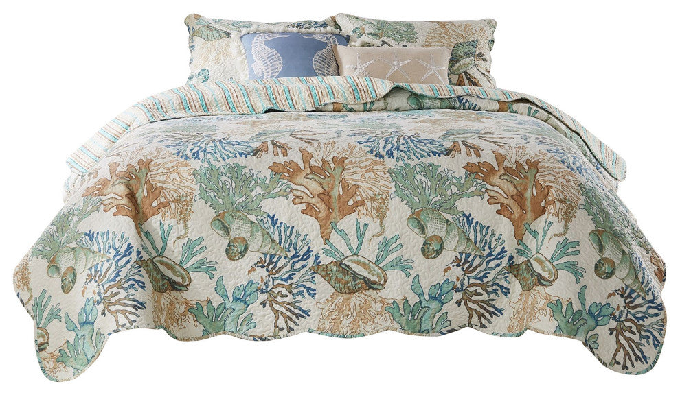 Benzara BM281993 King Quilt Set, Ocean Design, Scalloped Edges, Floral Pattern