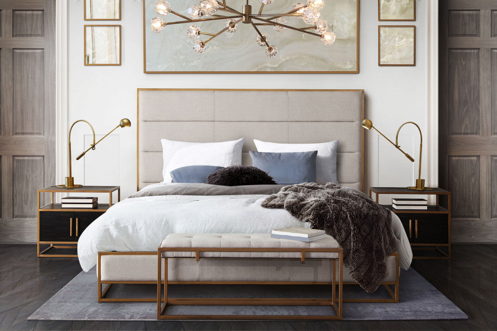 Empire Queen Bed With Gold Metal Frame, Sand Fabric