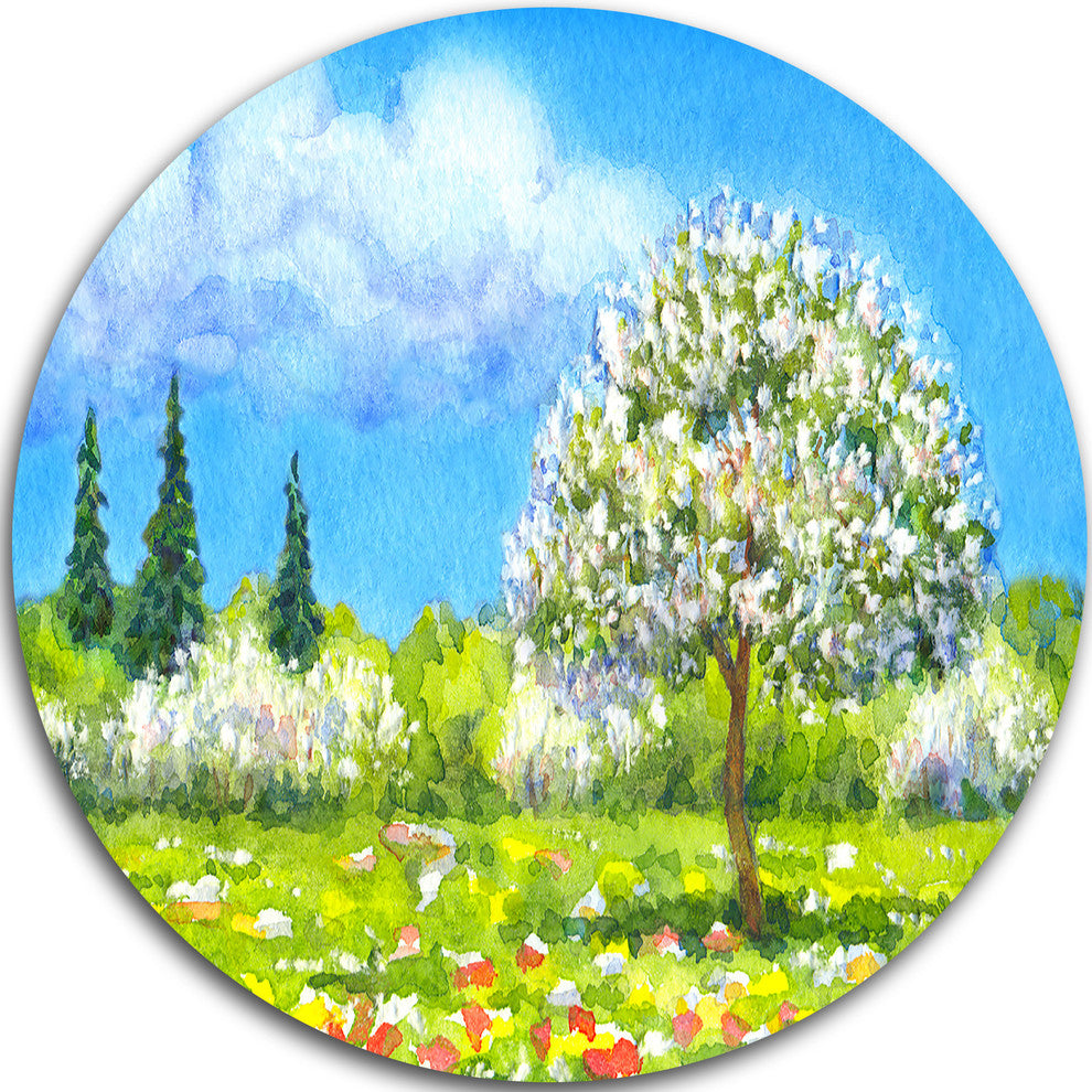 Tree In Different Seasons, Watercolor Landscape Disc Metal Artwork, 23"