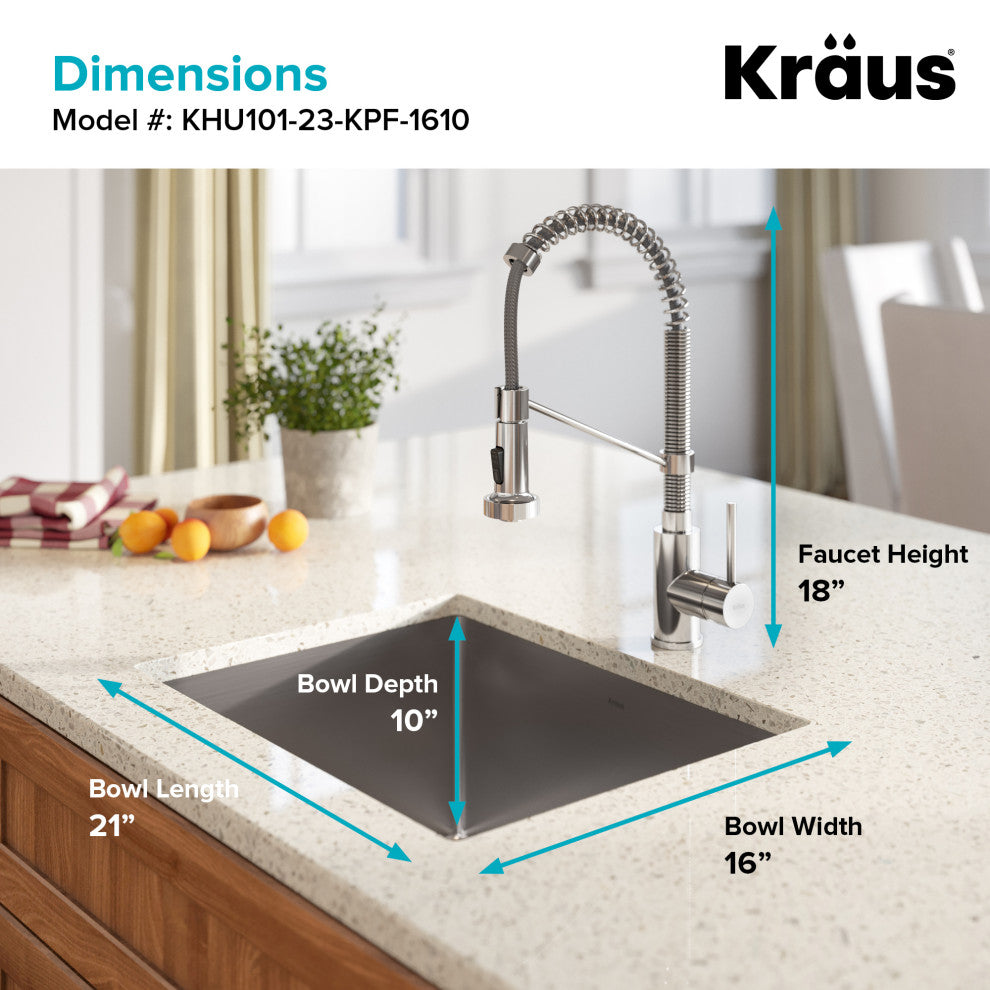23" Undermount Stainless Steel Kitchen Sink, Pull-Down Faucet SS, Dispenser