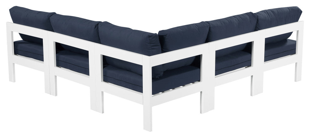 Nizuc Water Resistant Patio L-Shaped Modular Sectional, Navy, 5-Piece: 4 Armless Chair, 1 Corner Chair, White Aluminum Frame