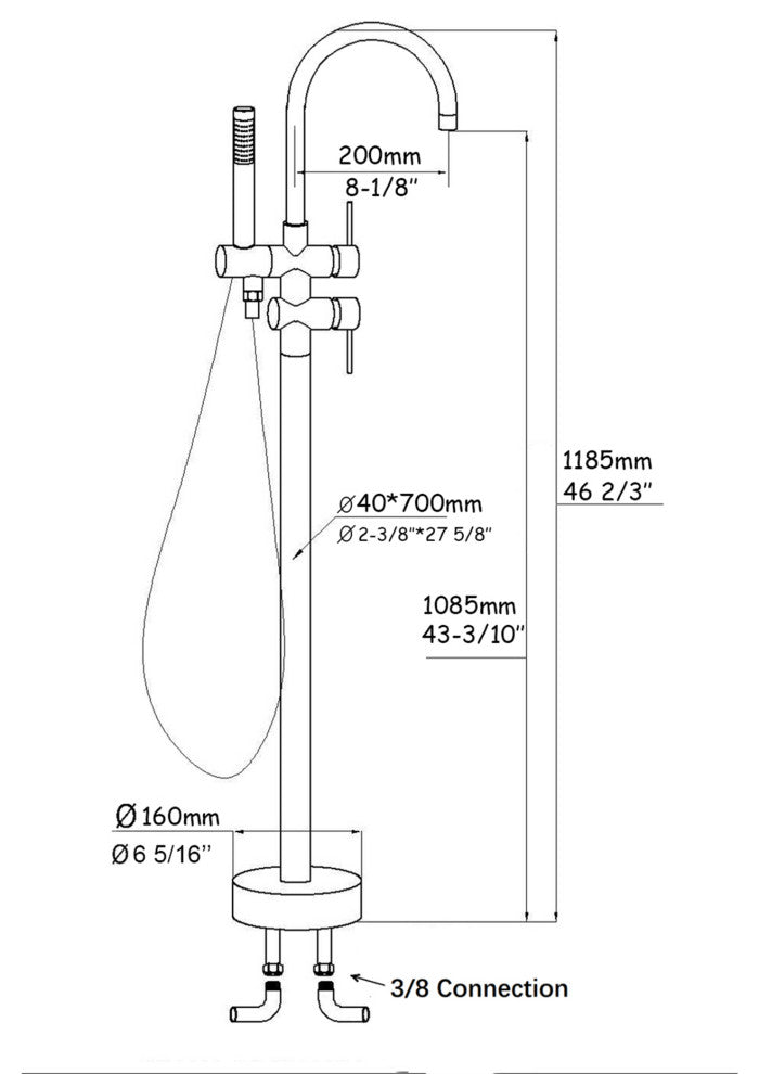 Floor Mounted Double Handle Bathtub Faucet, Handheld Shower, Matt Black