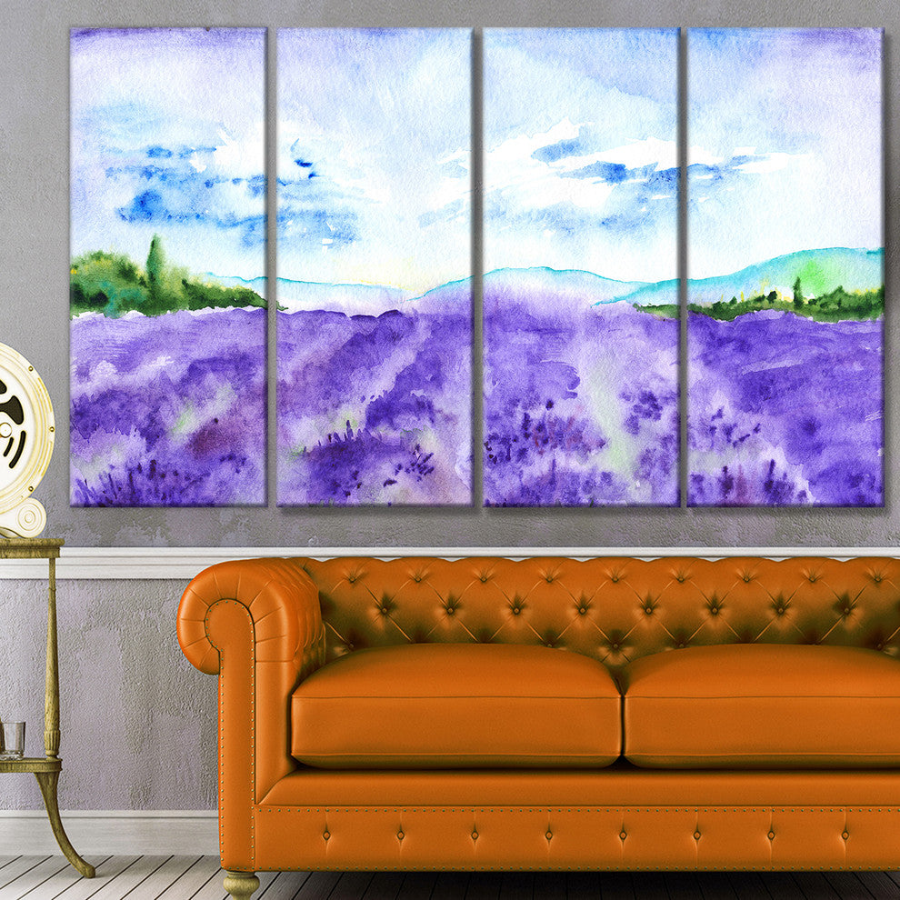Blue Lavender Fields Watercolor, Landscape Canvas Art Print, 48"x28", 4 Panels