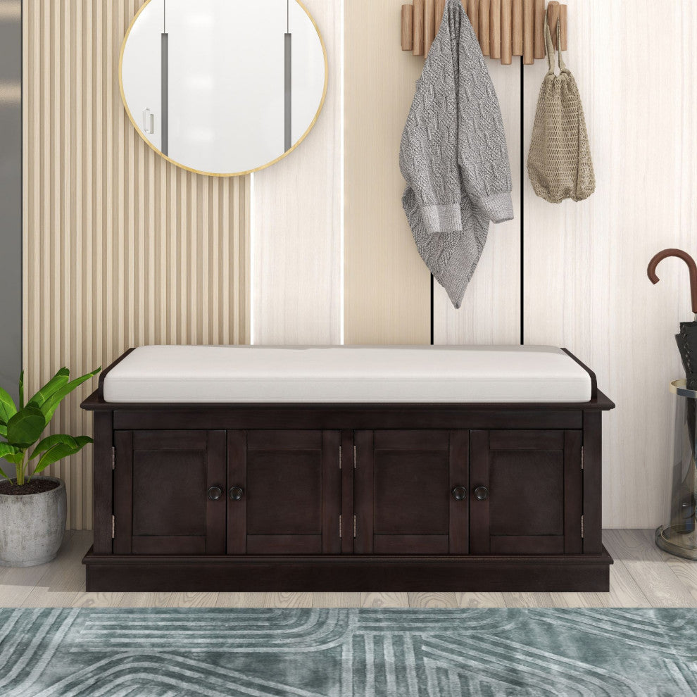 TATEUS 42" Wooden Storage Bench With 4 Doors and Adjustable Shelves for Entryway, Espresso