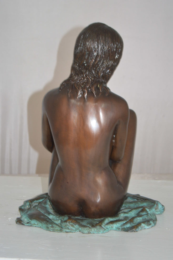 Sitting Nude Girl Bronze Statue -  Size: 12"L x 10"W x 14"H.