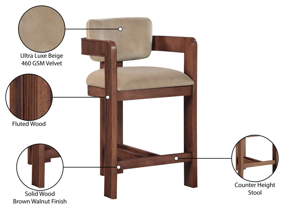 Sacha Upholstered Bar and Counter Stool, Beige, Velvet, Brown