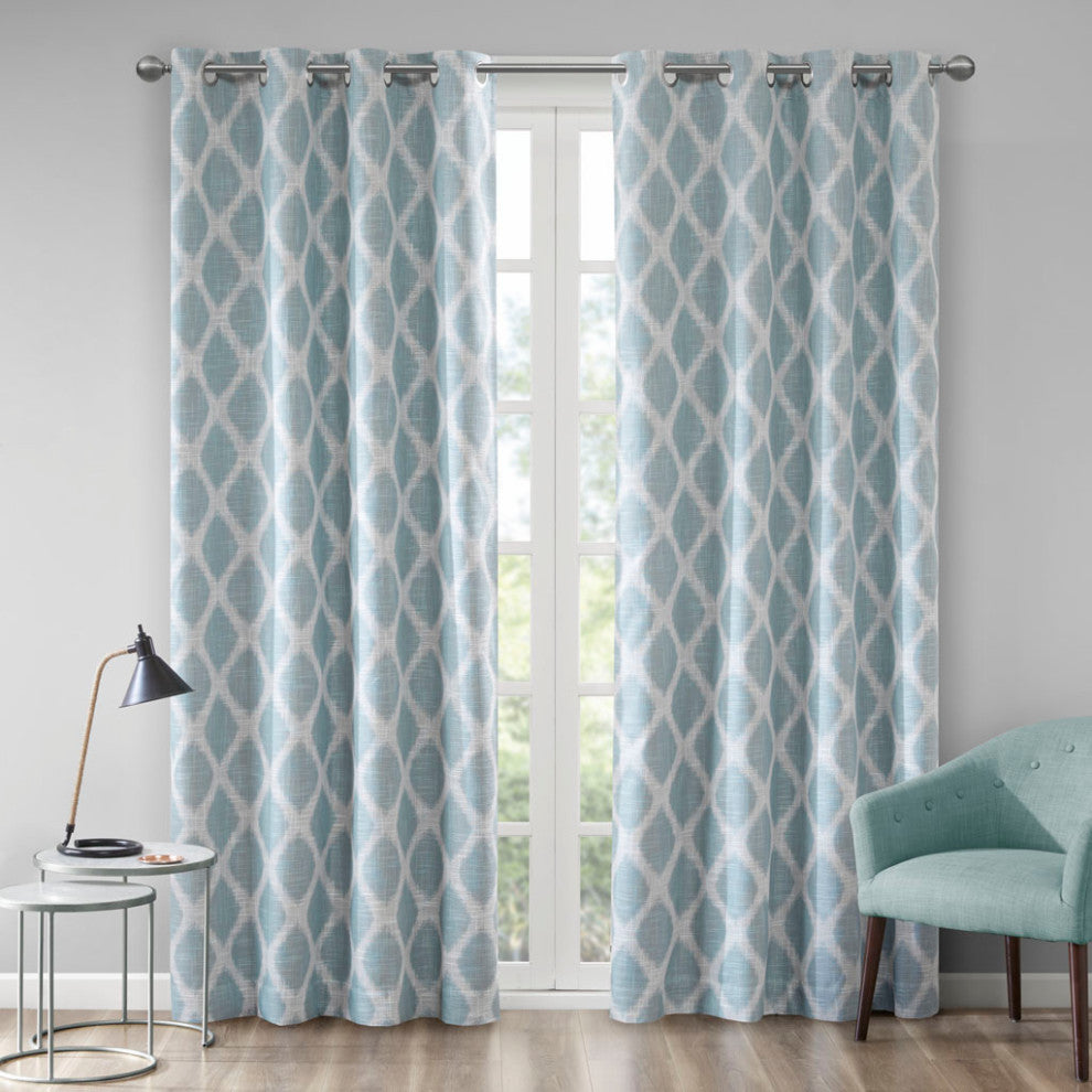 SunSmart Blakesly Ikat Blackout Window Panel, Grey, Aqua Blue, 50"x95"