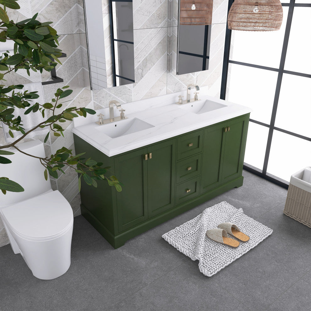 60/72" Plywood Freestanding Bath Vanity Set, Drawer and Ceramic Sink, Venetian Green, 60 Inch