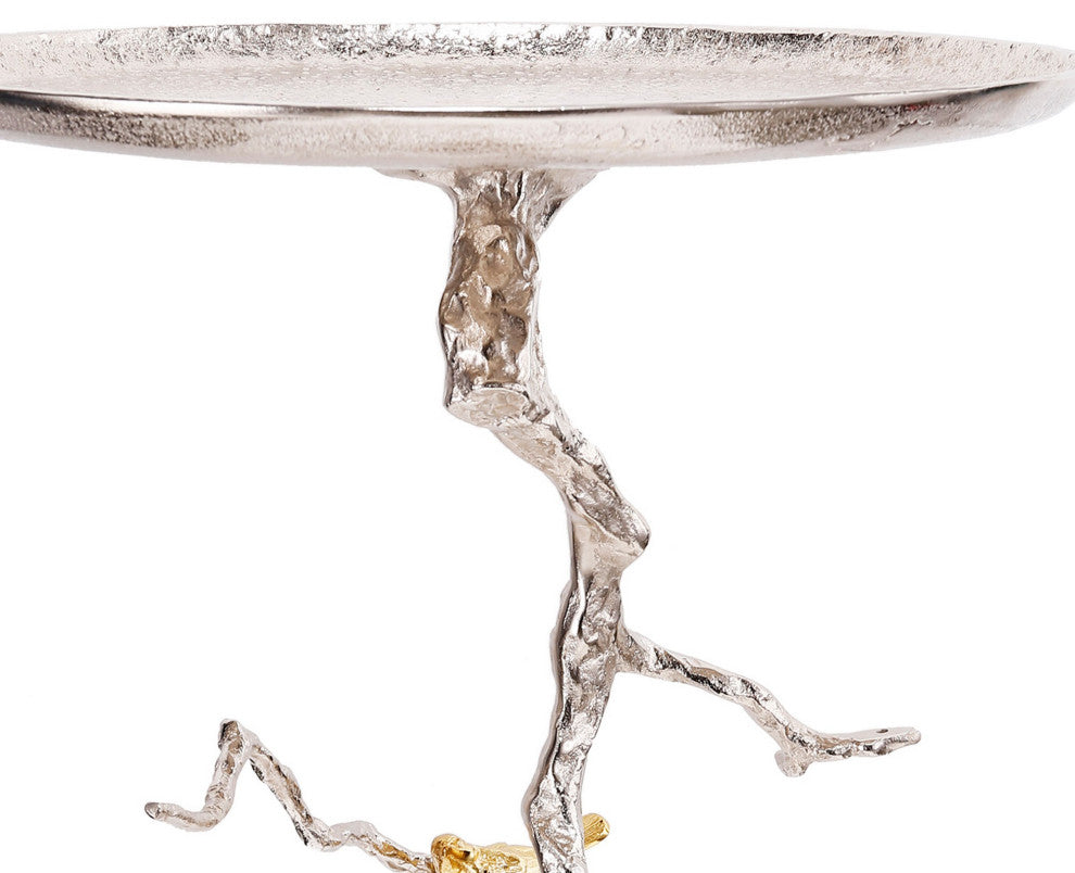 Benzara BM285256 28" Accent Table, Artful Branch, Gold Bird Accents, Silver