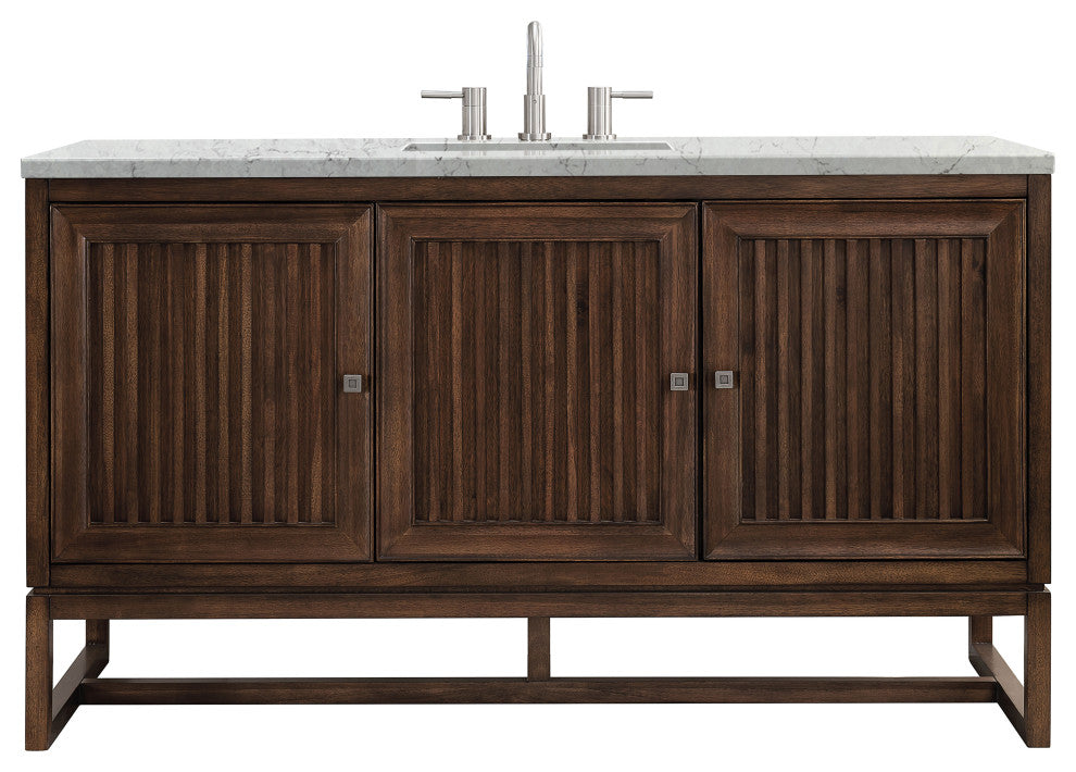 Athens 60" Vanity, Mid Century Acacia, Eternal Jasmine Pearl Quartz Top
