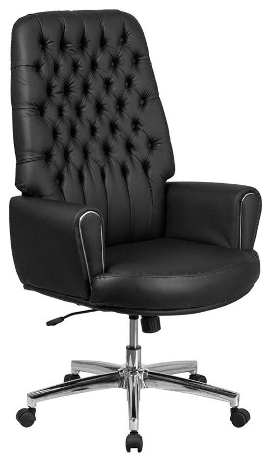 High Back Traditional Tufted Black Leather Executive Swivel Chair With Arms