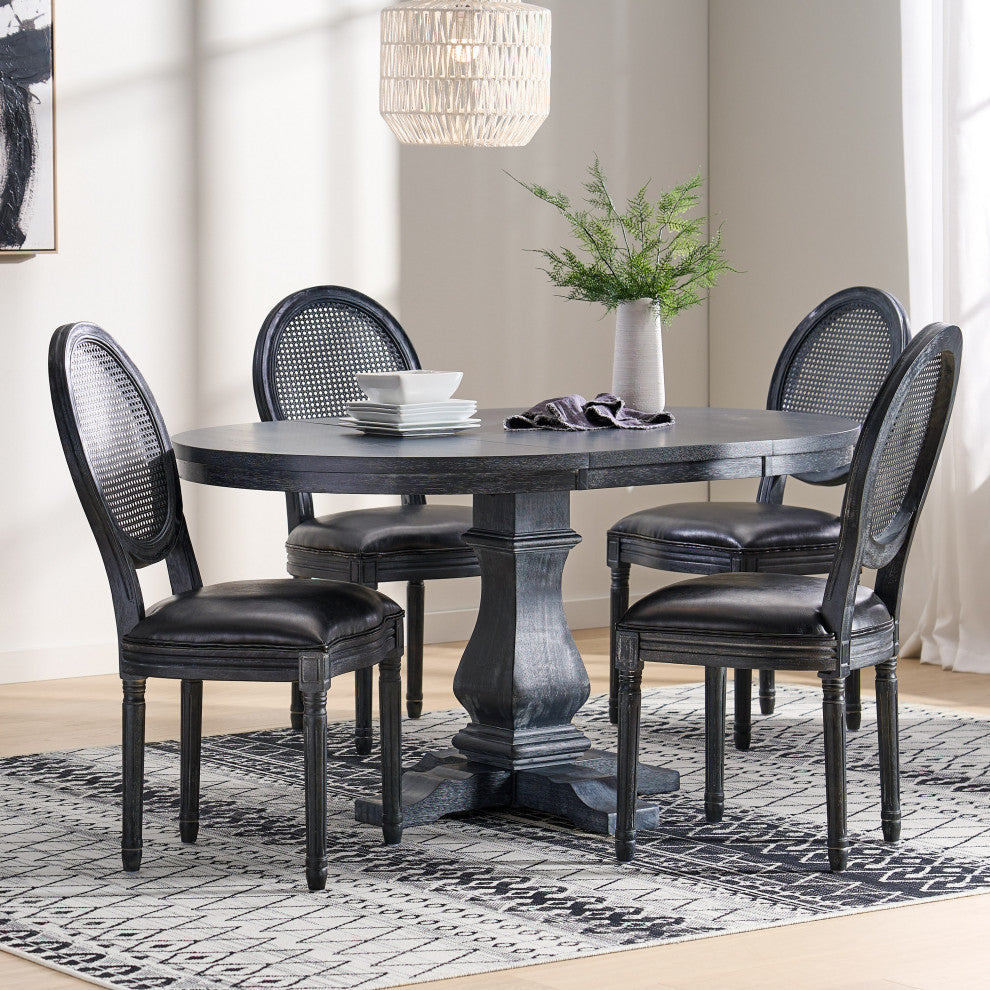 Lintz French Country Wood and Cane  5-Piece Expandable Oval Dining Set, Midnight/Gray/Gray, Faux Leather