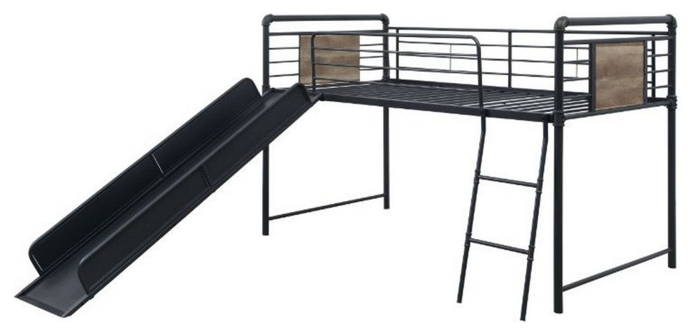 Benzara BM261730 Twin Loft Bed With Tubular Metal Frame and Slide, Dark Bronze