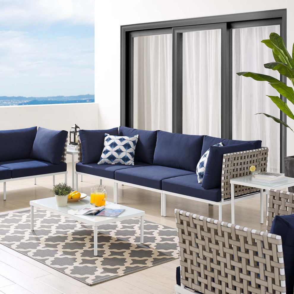 Lounge Sectional Sofa Chair Table Set, Sunbrella, Aluminum, Blue Navy, Outdoor