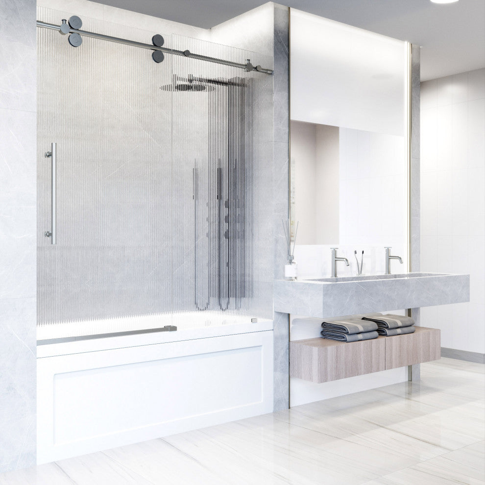 VIGO Elan 56" to 60" W x 66" H Frameless Sliding Tub Door, Stainless Steel, Fluted Glass, Left