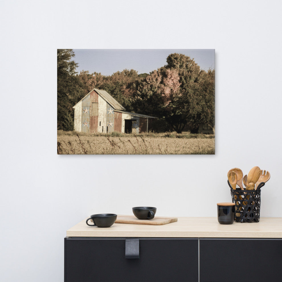 Patriotic Barn in Field Aged Rural Landscape Canvas Wall Art Print, 24" X 36"