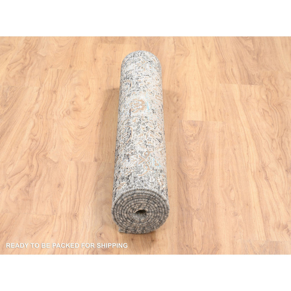 Gray, Modern Persian, Silk With Wool Hand Knotted Wide Runner Rug, 4'0"x10'0"