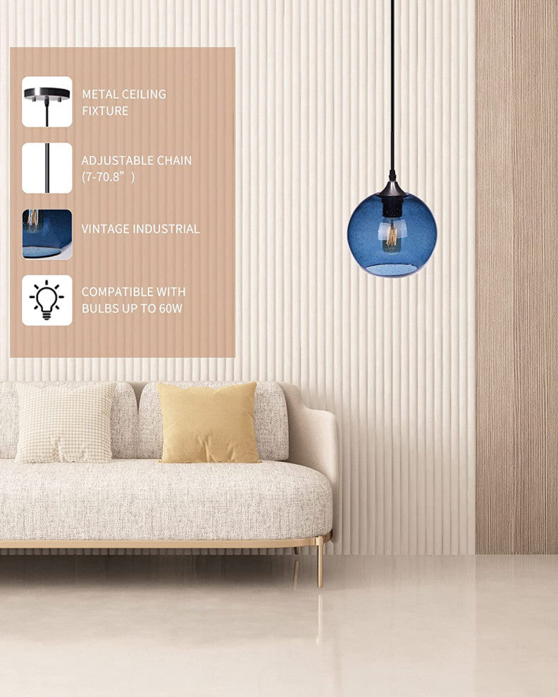 Blue Glass Pendant Light Globe Hanging Pendant Lamp for Kitchen