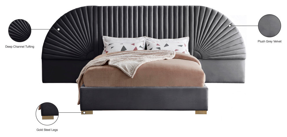 Cleo Velvet Upholstered Bed With Custom Gold Steel Legs, Gray, Queen