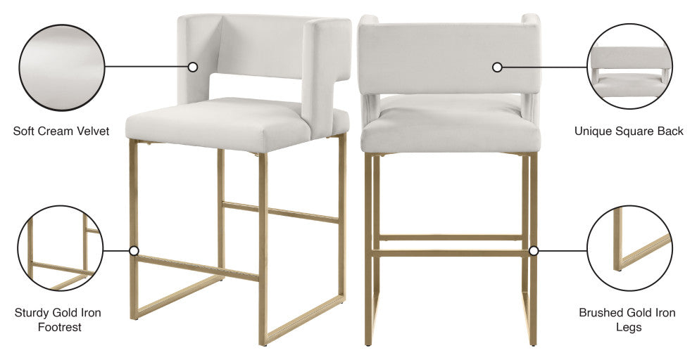 Caleb Upholstered Counter Stool, Set of 2, Cream, Velvet, Brushed Gold