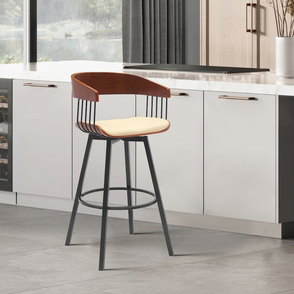 Athena Upholstered Wood Swivel Bar or Counter Stool with Black Metal