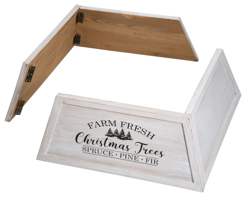 Washed White Wooden Trapezoid Farm Fresh Christmas Trees Tree Collar, 26"L