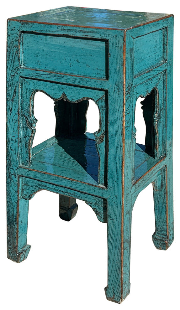 Distressed Gloss Teal Blue Pedestal Stand Side Table Chest