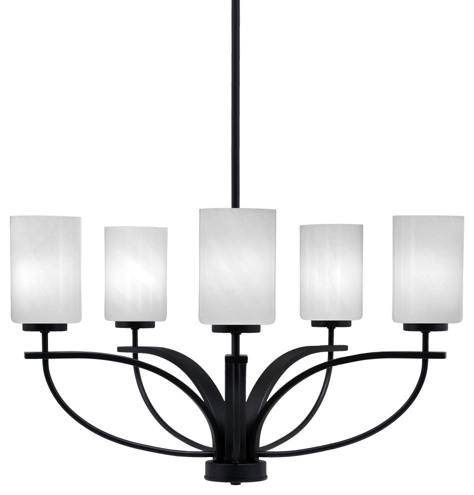 Cavella 5 Light Chandelier In Matte Black Finish, 4" White Marble Glass