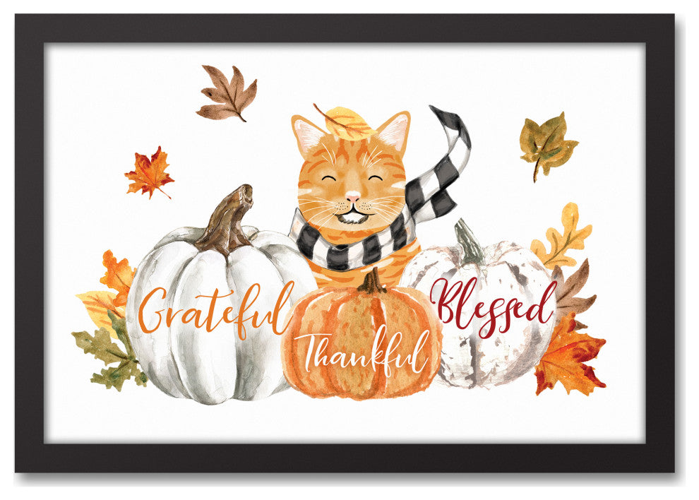 Kitty With Pumpkins 19.73 x 13.73 Black Framed Canvas