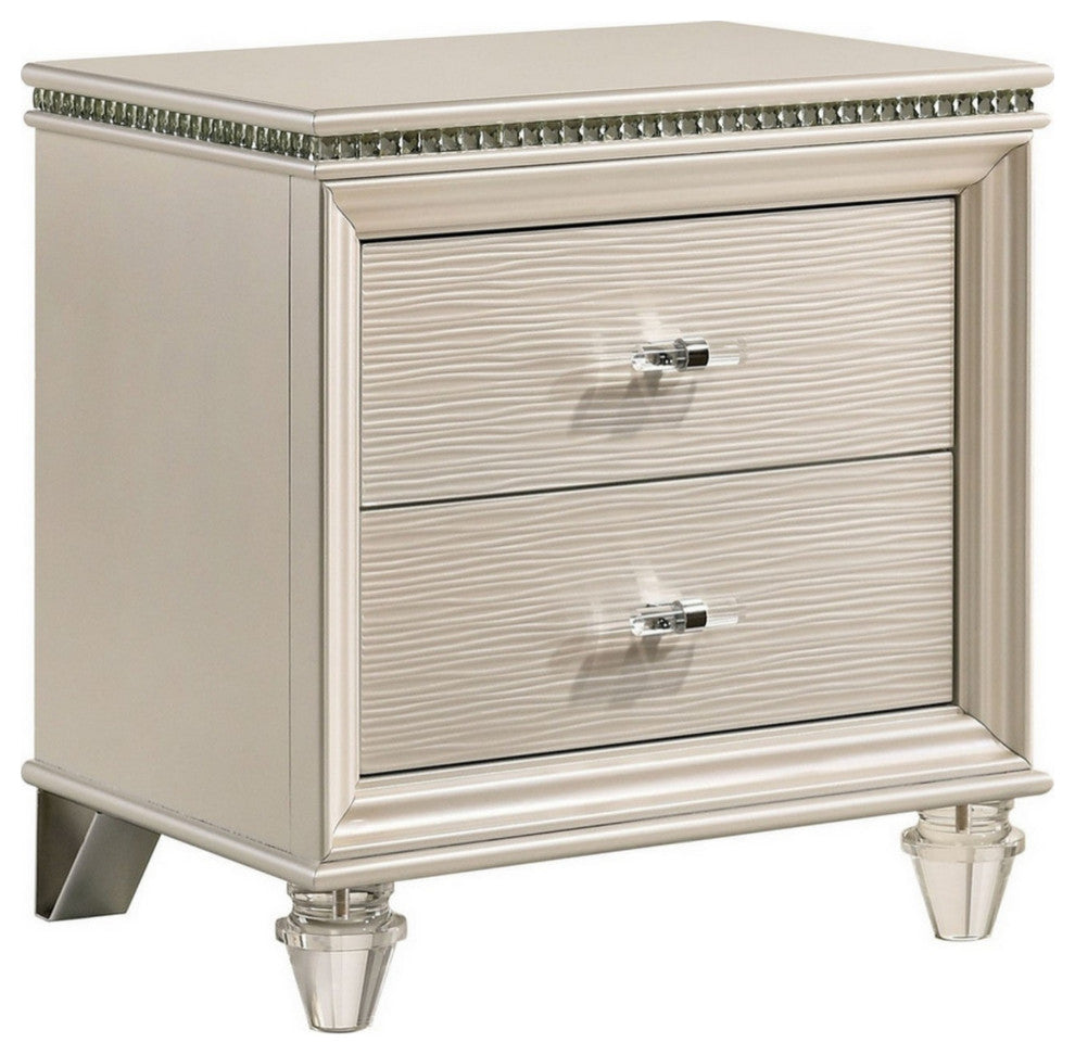 Nightstand with Textured 2 Drawers and Acrylic Legs, Pearl White