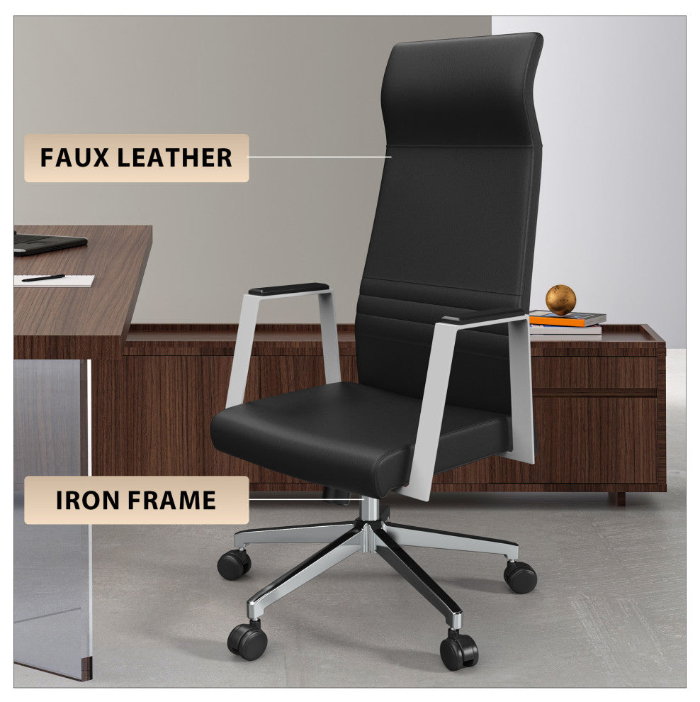 LeisureMod Aleen High-Back Leather Office Chair With Swivel and Tilt, Black