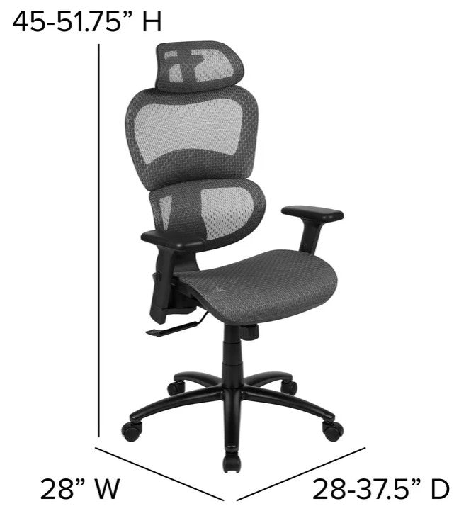 Contemporary Office Chair, Mesh Seat & Back With Adjustable Headrest, Gray